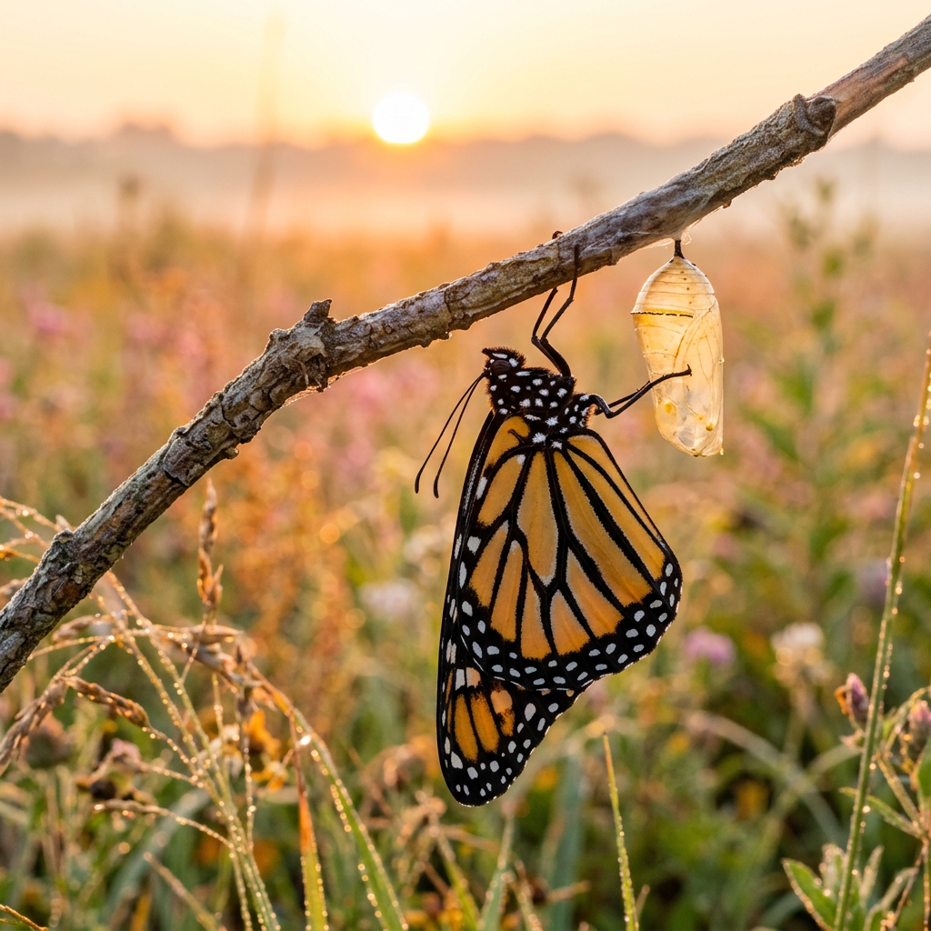 Monarch butterfly freshly emerged hanging from chrysalis on twig with sunrise in background